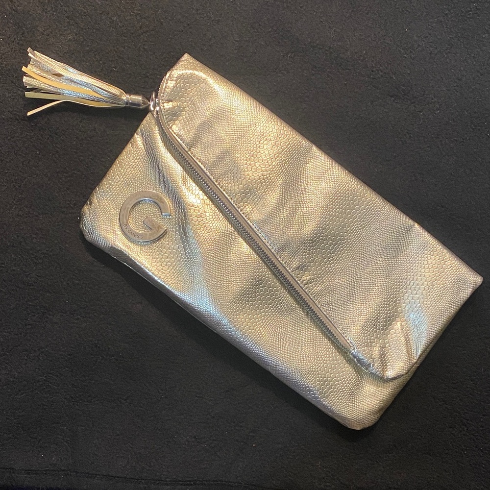 G by Guess Silver Metallic Foldover Clutch with Tassel